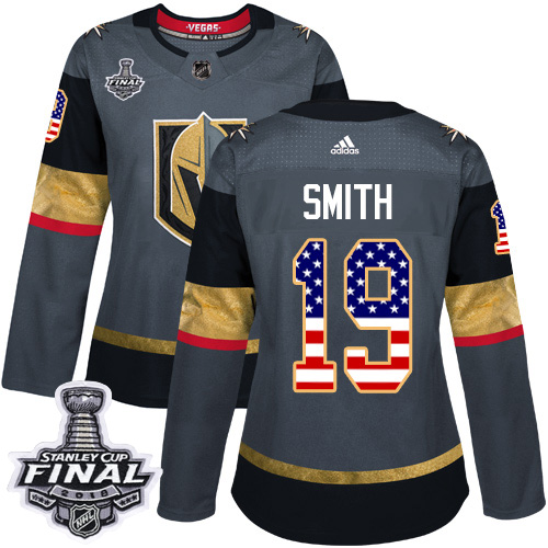 Adidas Golden Knights #19 Reilly Smith Grey Home Authentic USA Flag 2018 Stanley Cup Final Women's Stitched NHL Jersey